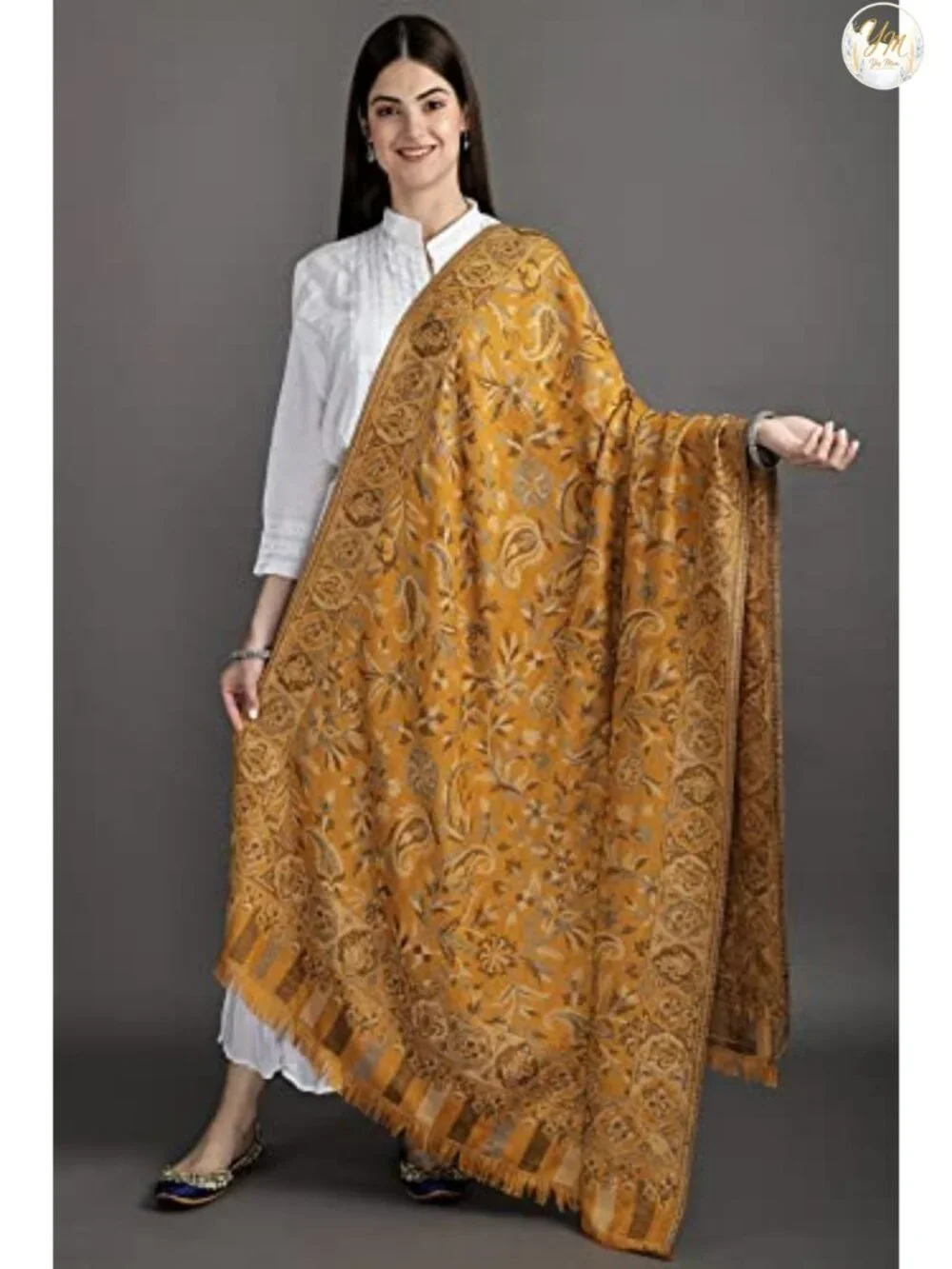 Reversible Jamawar Wool Shawl with Woven Flowers Ethnic Floral Wrap